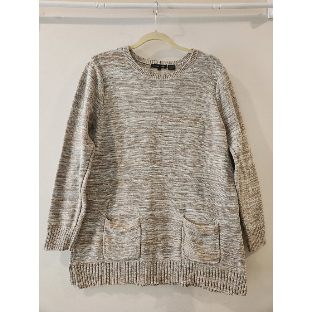 Jeanne Pierre Women's Knit Sweater Tunic Pockets Beige Brown 100% Cotton Size L